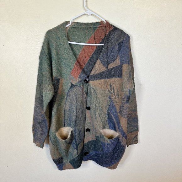 Yesno Cardigan Womens XL Oversized Wool Sweater Button Up V Neck Pockets Graphic - Picture 2 of 11